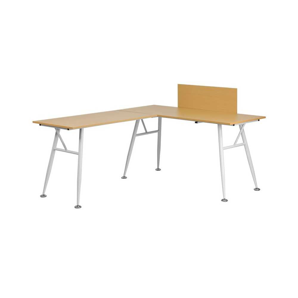 Beech Laminate L-Shape Computer Desk with White Metal Frame