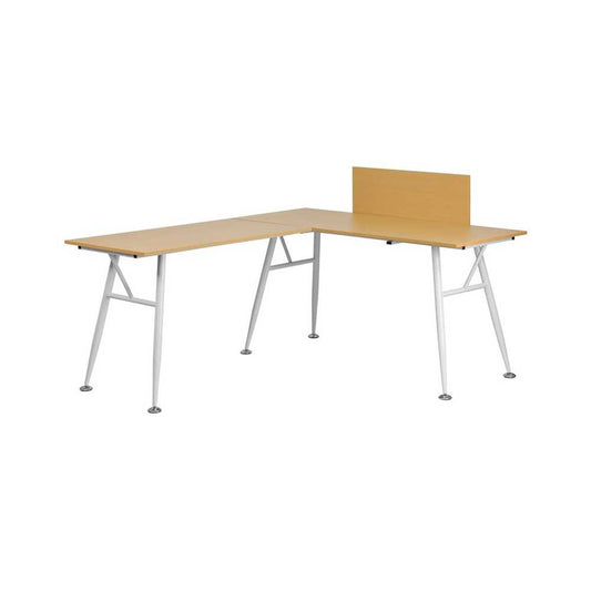 Beech Laminate L-Shape Computer Desk with White Metal Frame