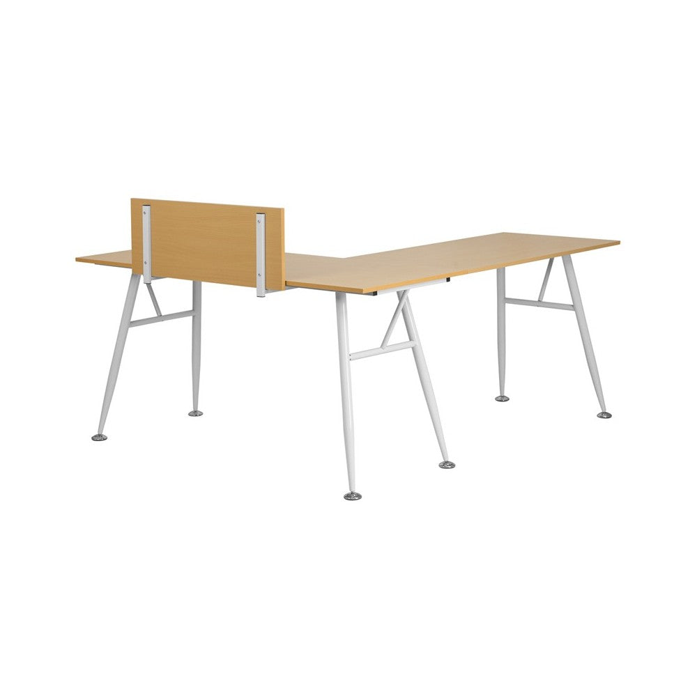 Beech Laminate L-Shape Computer Desk with White Metal Frame