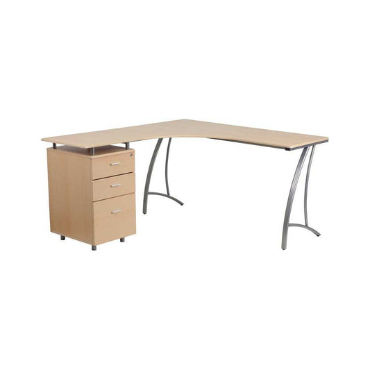 Beech Laminate L-Shape Desk with Three Drawer Pedestal