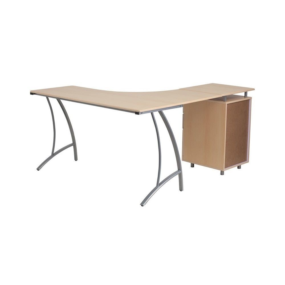 Beech Laminate L-Shape Desk with Three Drawer Pedestal