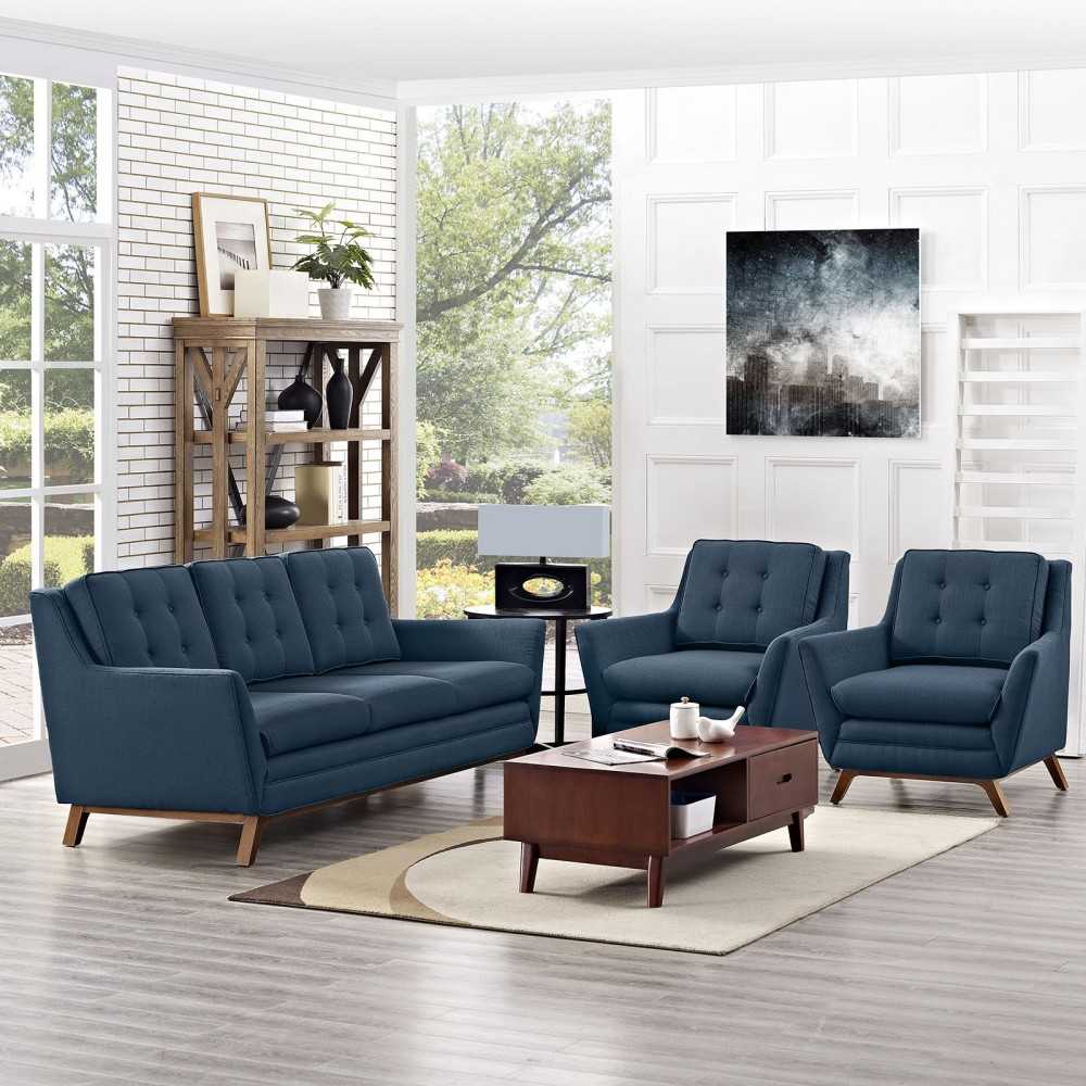 Beguile 3 Piece Upholstered Fabric Living Room Set, Azure, EEI-2184-AZU-SET