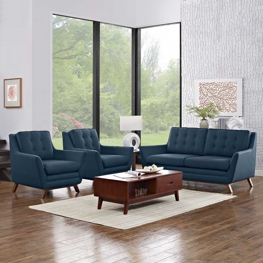 Beguile 3 Piece Upholstered Fabric Living Room Set, Azure, EEI-2141-AZU-SET
