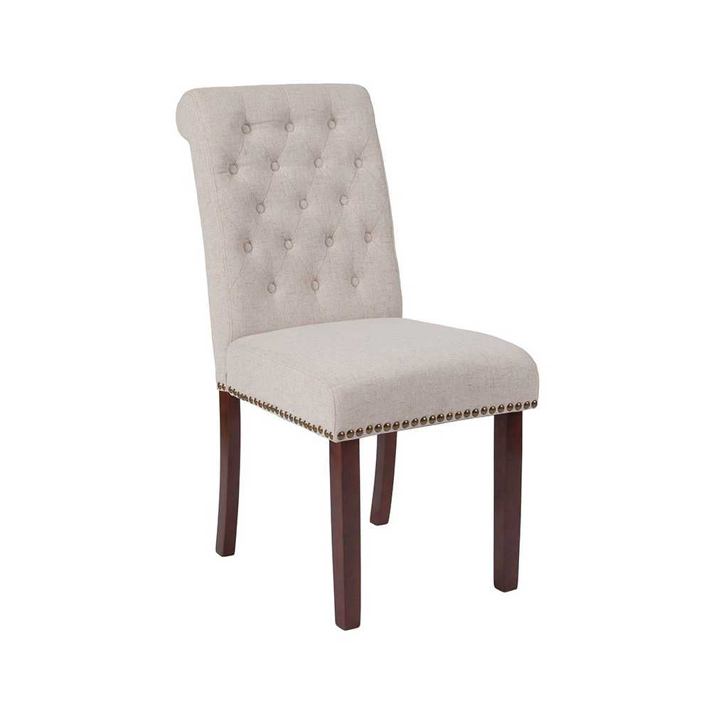 Beige Fabric Parsons Chair with Rolled Back, Accent Nail Trim and Walnut Finish