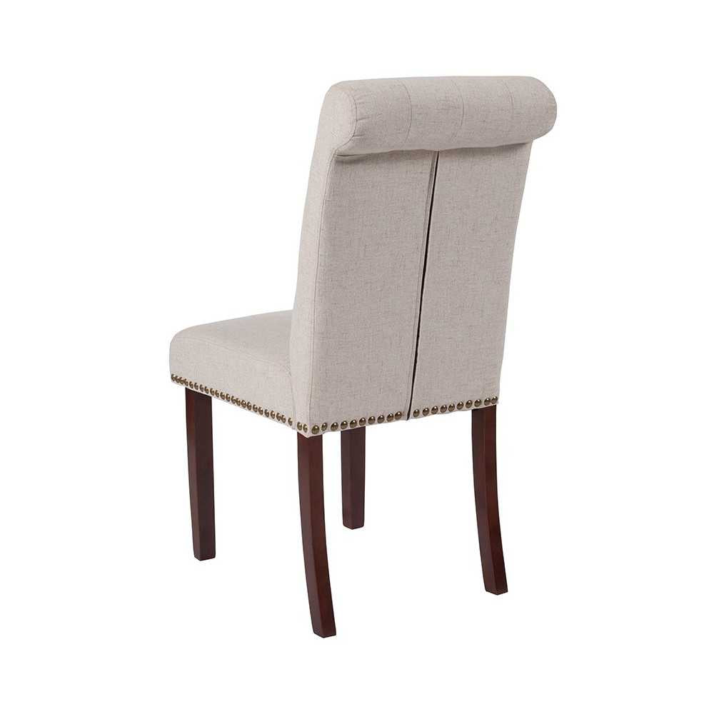 Beige Fabric Parsons Chair with Rolled Back, Accent Nail Trim and Walnut Finish