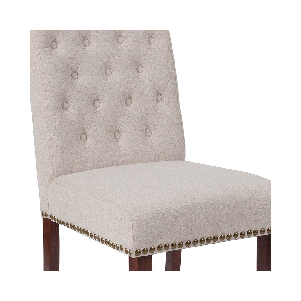 Beige Fabric Parsons Chair with Rolled Back, Accent Nail Trim and Walnut Finish