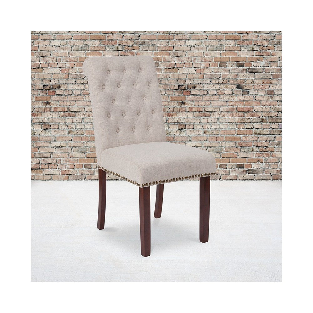 Beige Fabric Parsons Chair with Rolled Back, Accent Nail Trim and Walnut Finish