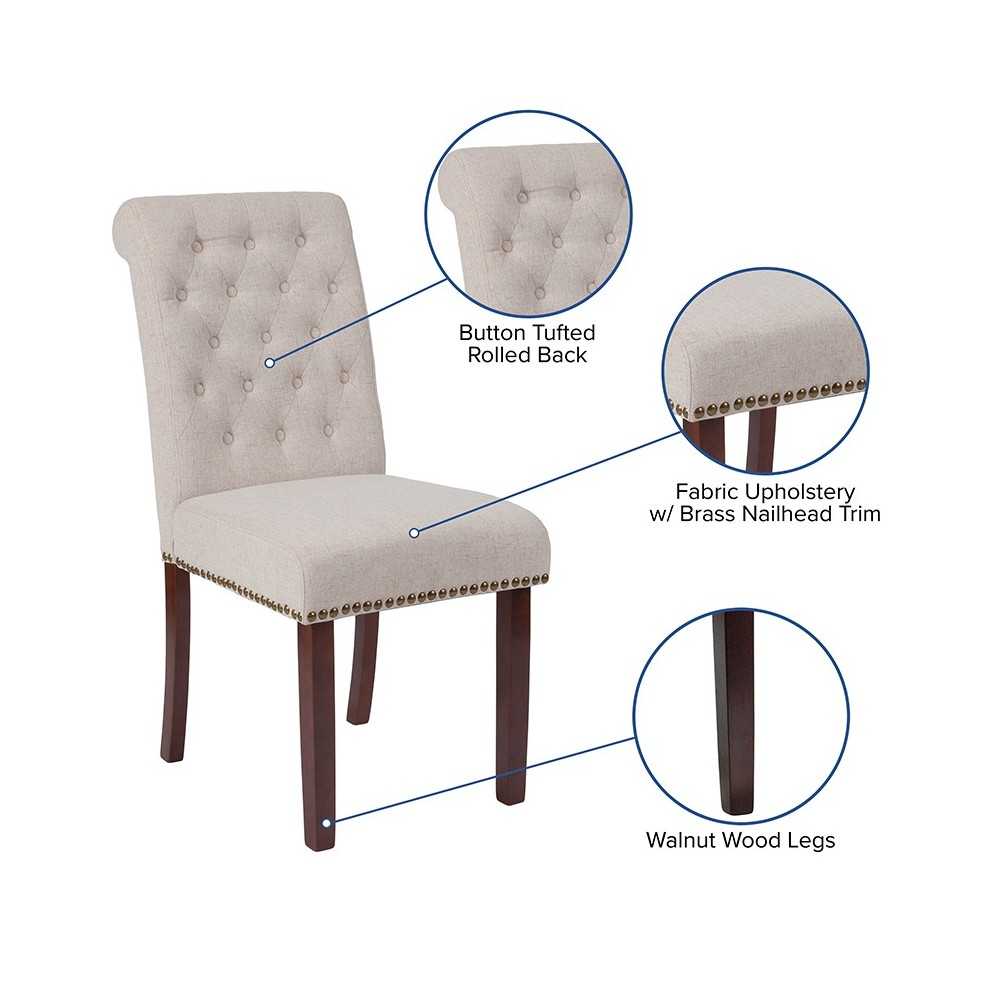 Beige Fabric Parsons Chair with Rolled Back, Accent Nail Trim and Walnut Finish