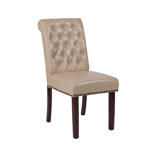 Beige LeatherSoft Parsons Chair with Rolled Back, Accent Nail Trim and Walnut Finish