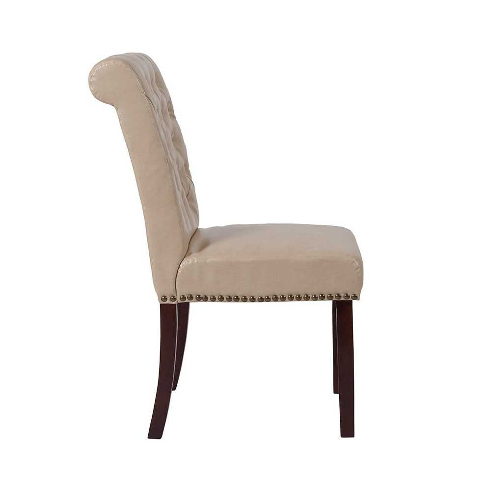 Beige LeatherSoft Parsons Chair with Rolled Back, Accent Nail Trim and Walnut Finish