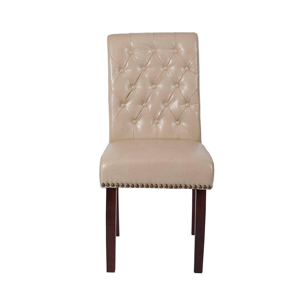 Beige LeatherSoft Parsons Chair with Rolled Back, Accent Nail Trim and Walnut Finish