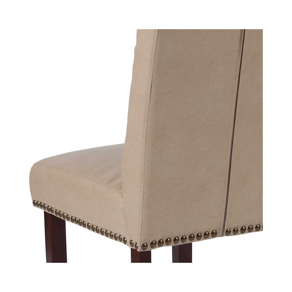 Beige LeatherSoft Parsons Chair with Rolled Back, Accent Nail Trim and Walnut Finish