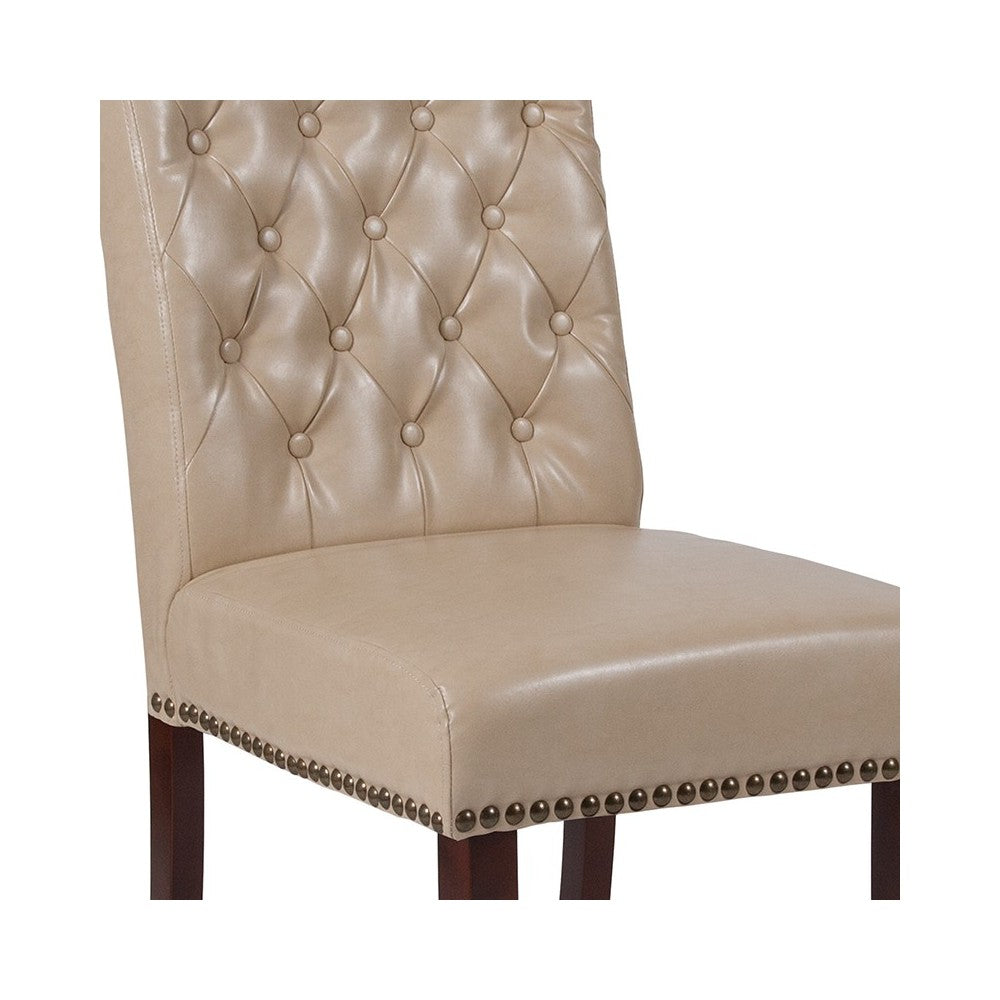 Beige LeatherSoft Parsons Chair with Rolled Back, Accent Nail Trim and Walnut Finish
