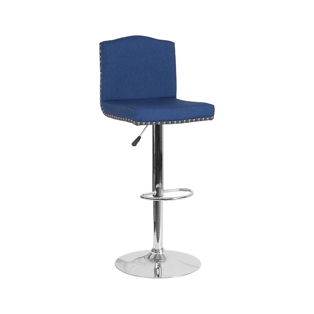 Bellagio Contemporary Adjustable Height Barstool with Accent Nail Trim in Blue Fabric