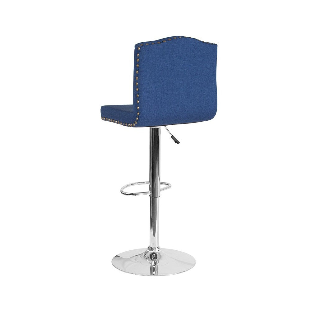 Bellagio Contemporary Adjustable Height Barstool with Accent Nail Trim in Blue Fabric