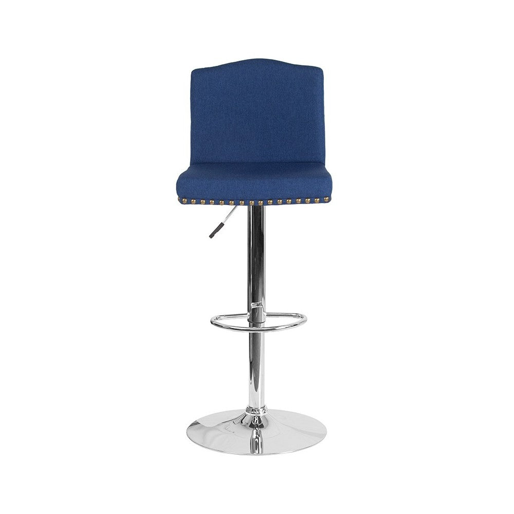 Bellagio Contemporary Adjustable Height Barstool with Accent Nail Trim in Blue Fabric