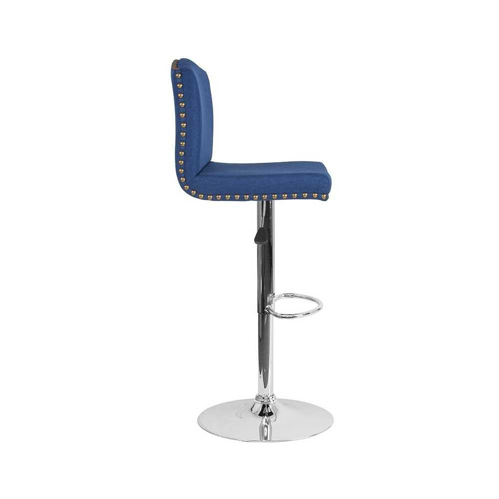 Bellagio Contemporary Adjustable Height Barstool with Accent Nail Trim in Blue Fabric