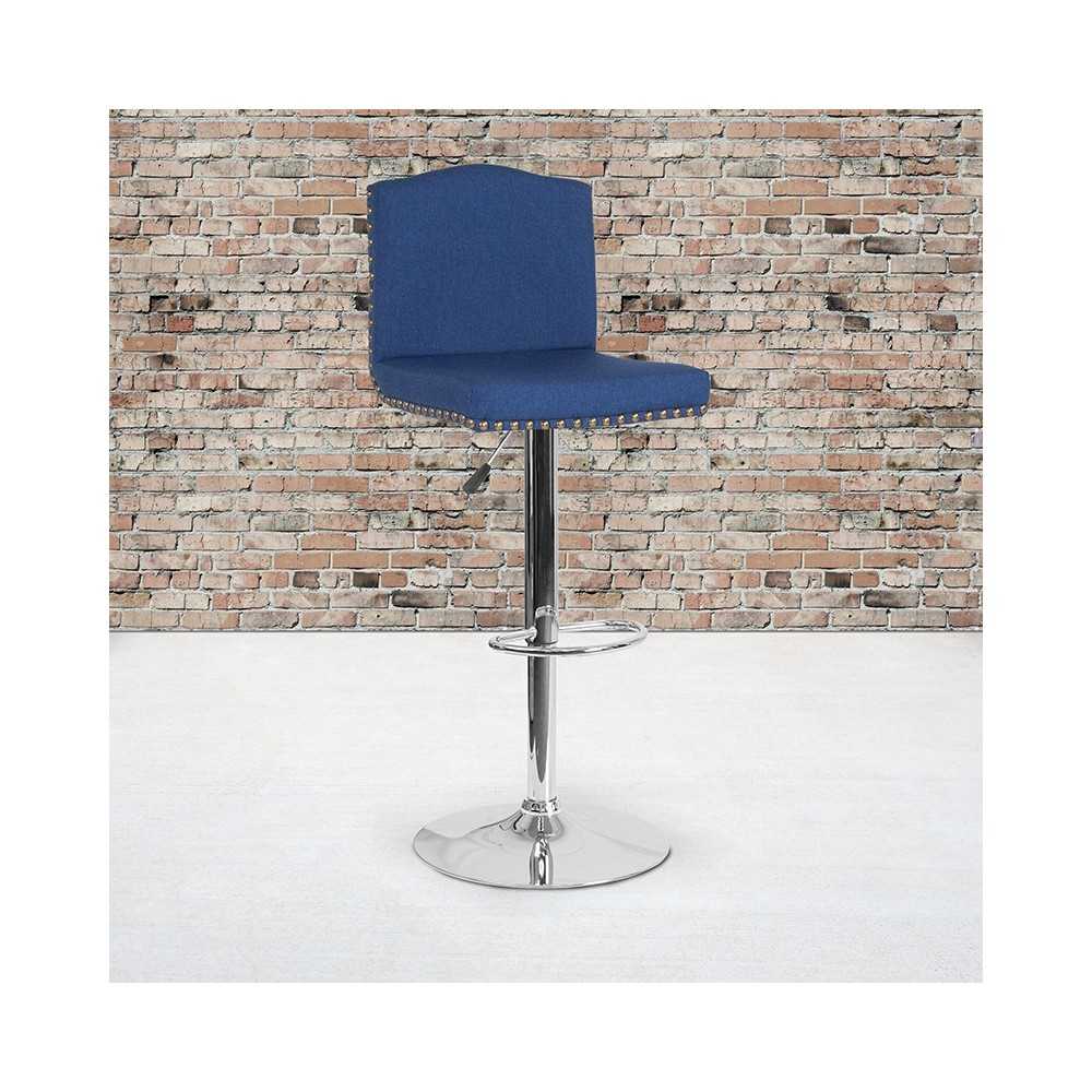 Bellagio Contemporary Adjustable Height Barstool with Accent Nail Trim in Blue Fabric