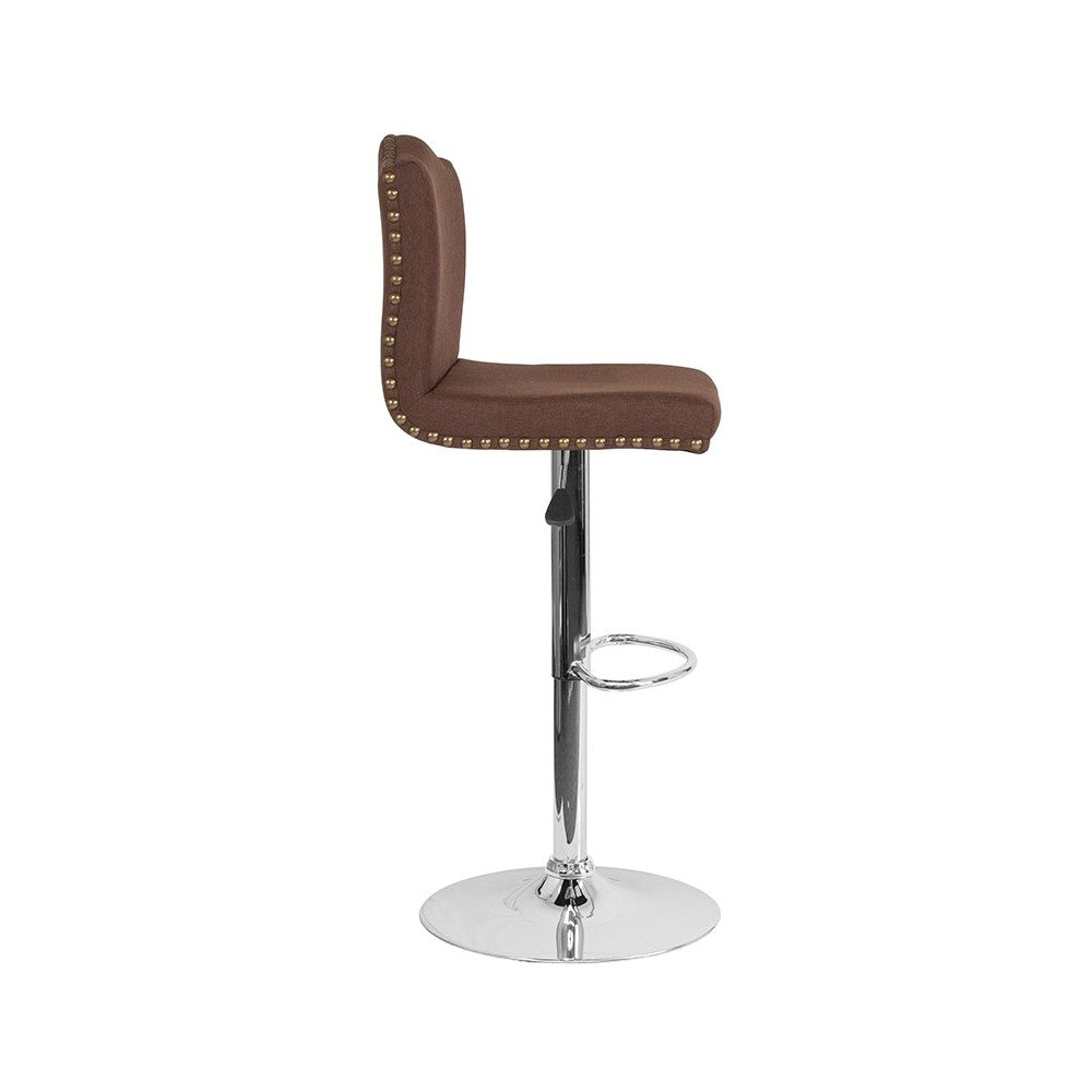 Bellagio Contemporary Adjustable Height Barstool with Accent Nail Trim in Brown Fabric