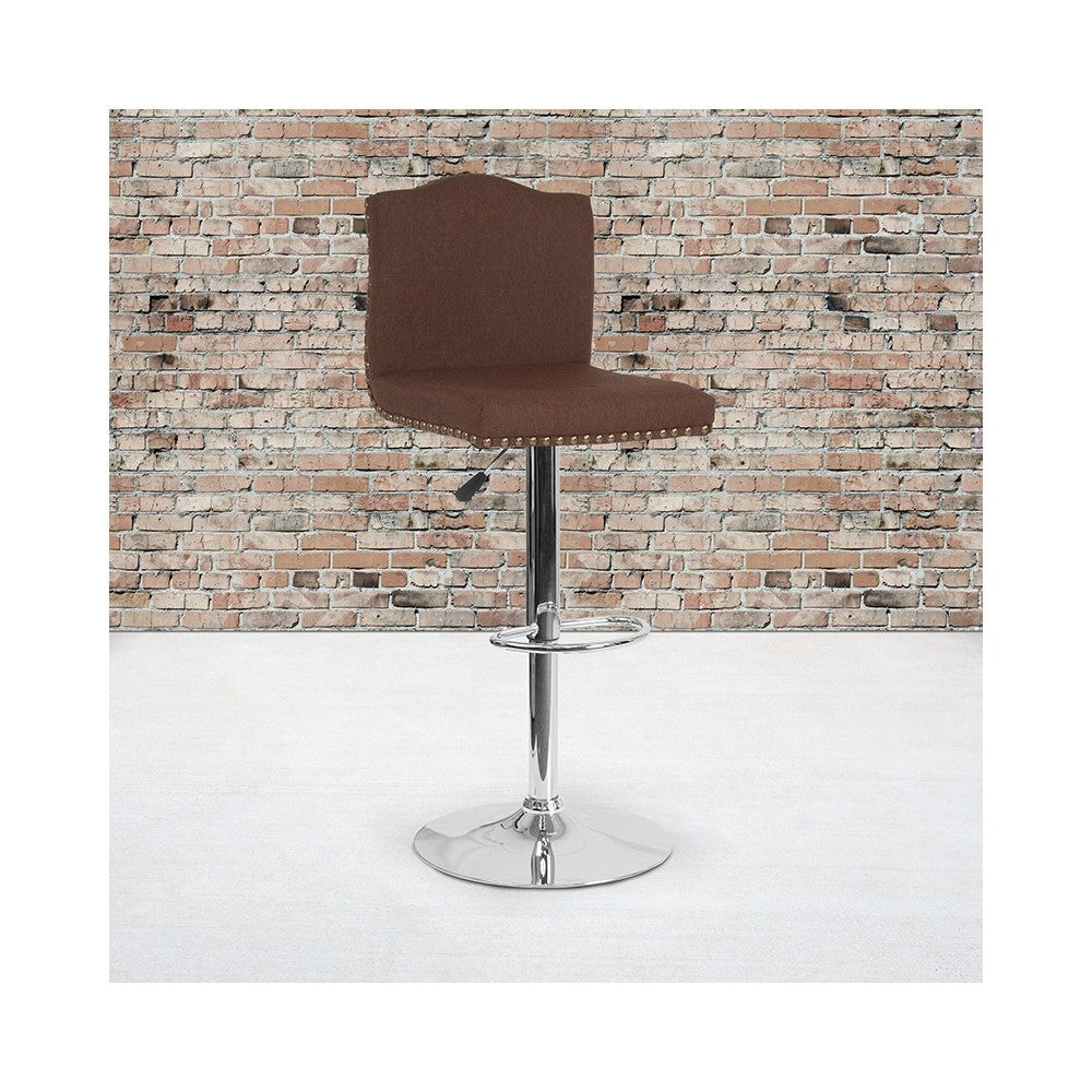 Bellagio Contemporary Adjustable Height Barstool with Accent Nail Trim in Brown Fabric