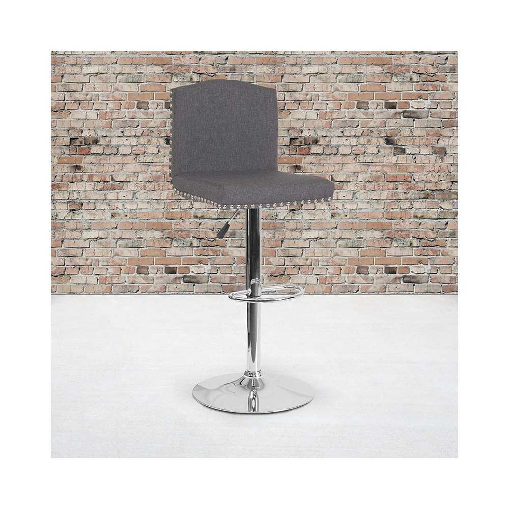 Bellagio Contemporary Adjustable Height Barstool with Accent Nail Trim in Dark Gray Fabric