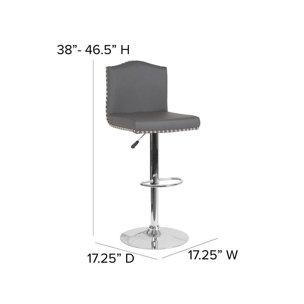 Bellagio Contemporary Adjustable Height Barstool with Accent Nail Trim in Gray LeatherSoft