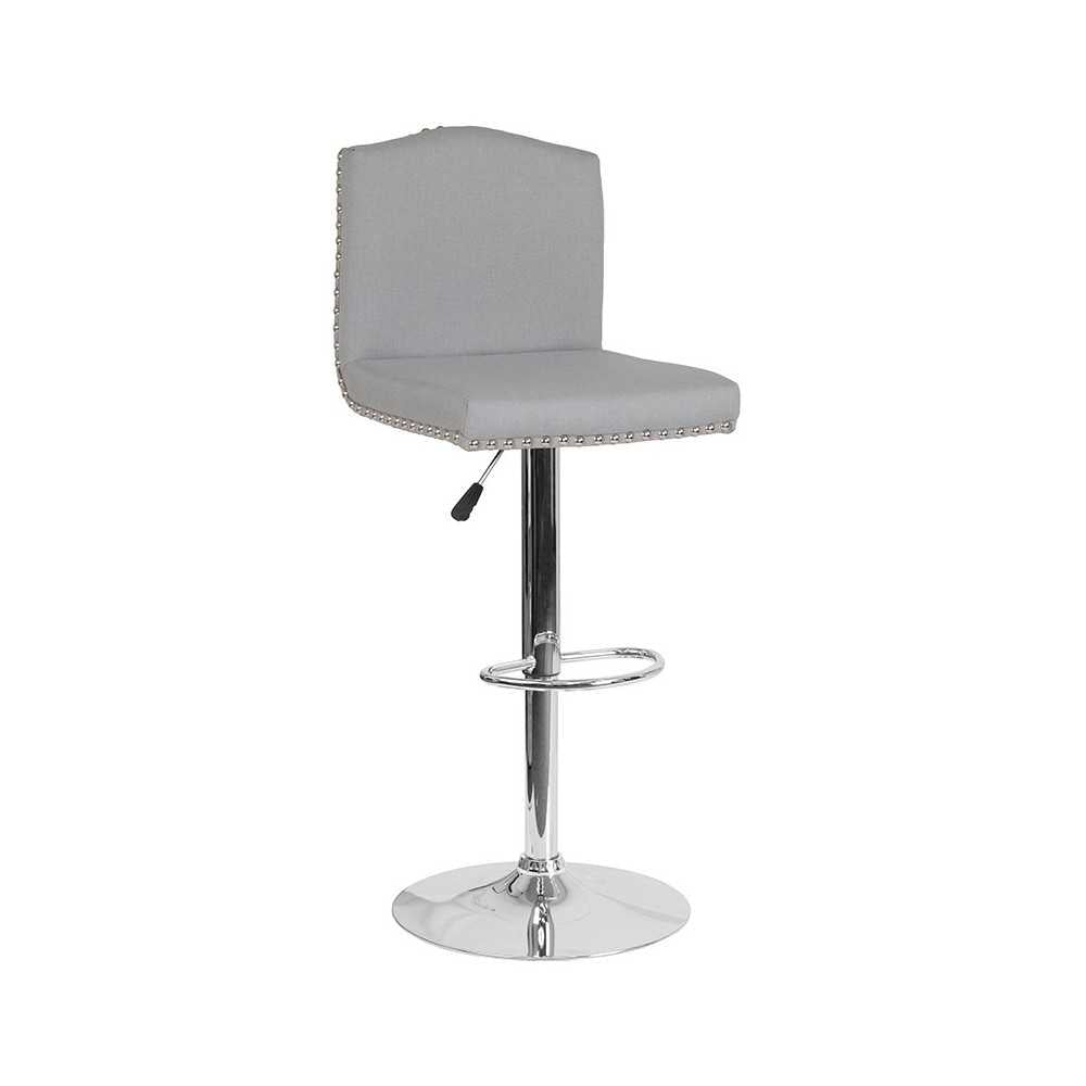 Bellagio Contemporary Adjustable Height Barstool with Accent Nail Trim in Light Gray Fabric