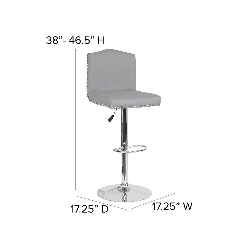 Bellagio Contemporary Adjustable Height Barstool with Accent Nail Trim in Light Gray Fabric