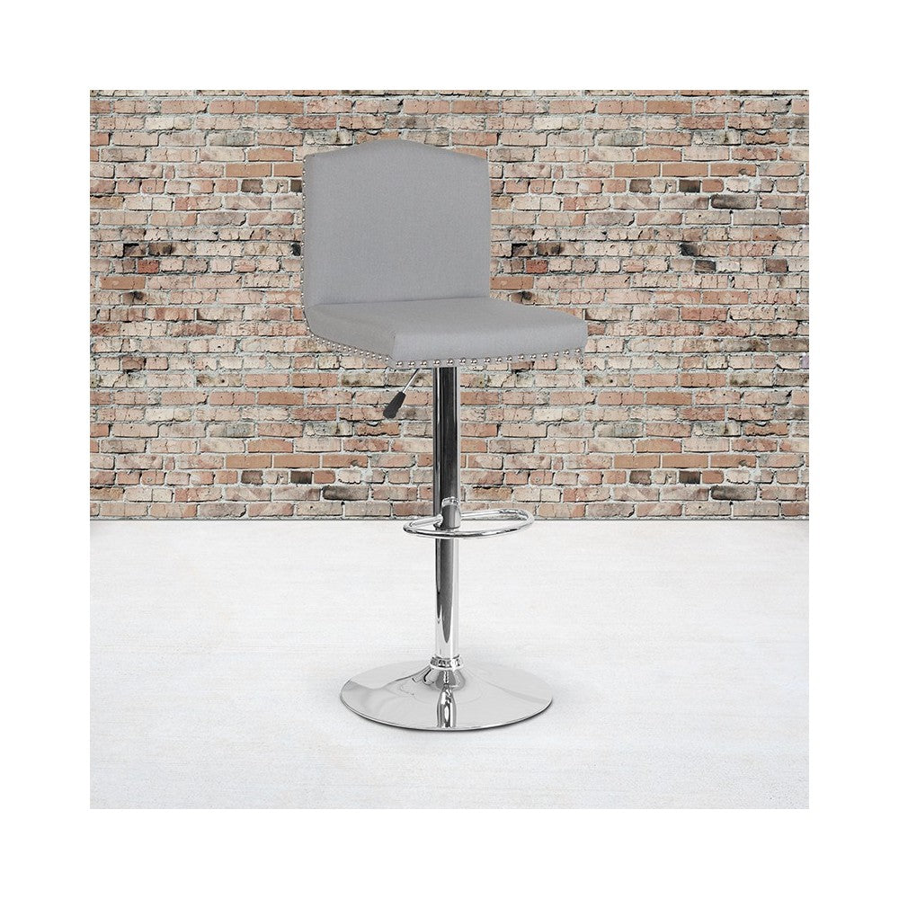 Bellagio Contemporary Adjustable Height Barstool with Accent Nail Trim in Light Gray Fabric