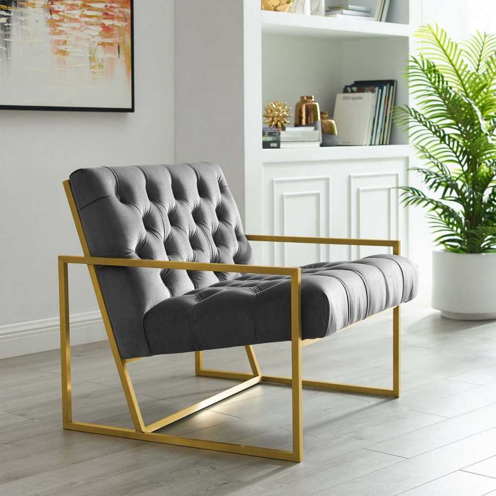 Bequest Gold Stainless Steel Performance Velvet Accent Chair, Gray