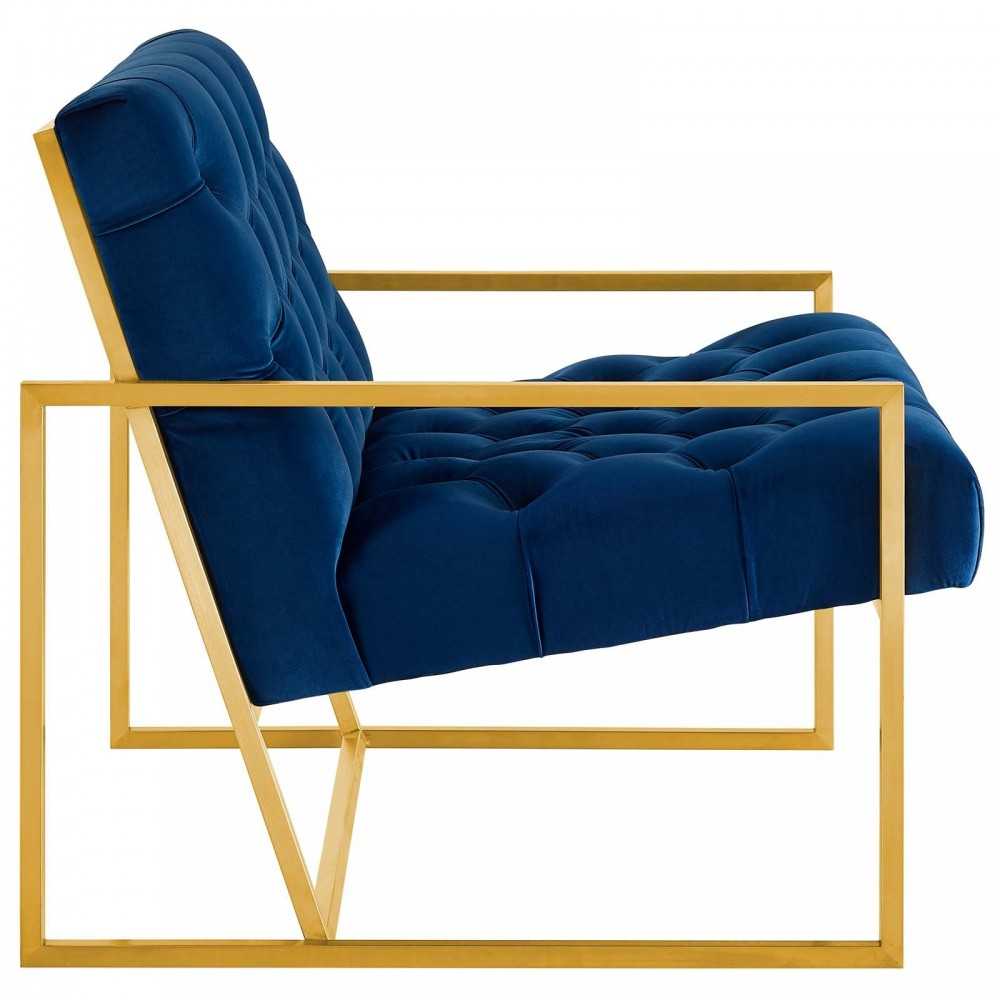 Bequest Gold Stainless Steel Performance Velvet Accent Chair, Navy