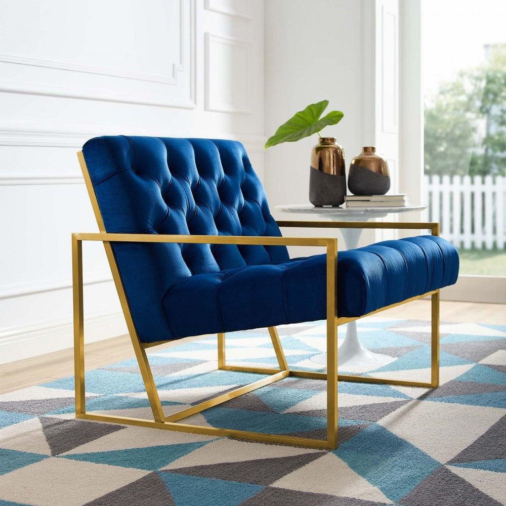 Bequest Gold Stainless Steel Performance Velvet Accent Chair, Navy