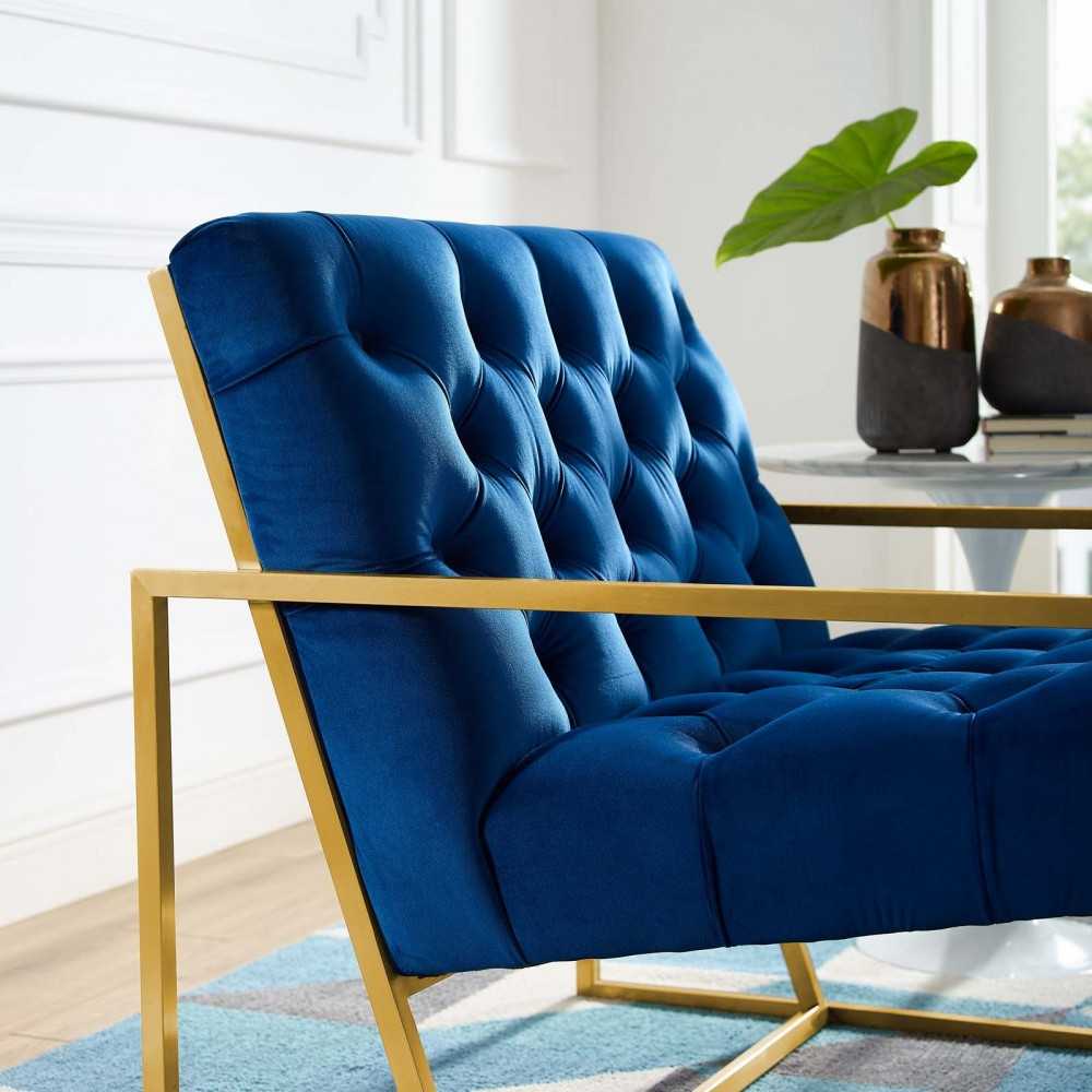 Bequest Gold Stainless Steel Performance Velvet Accent Chair, Navy