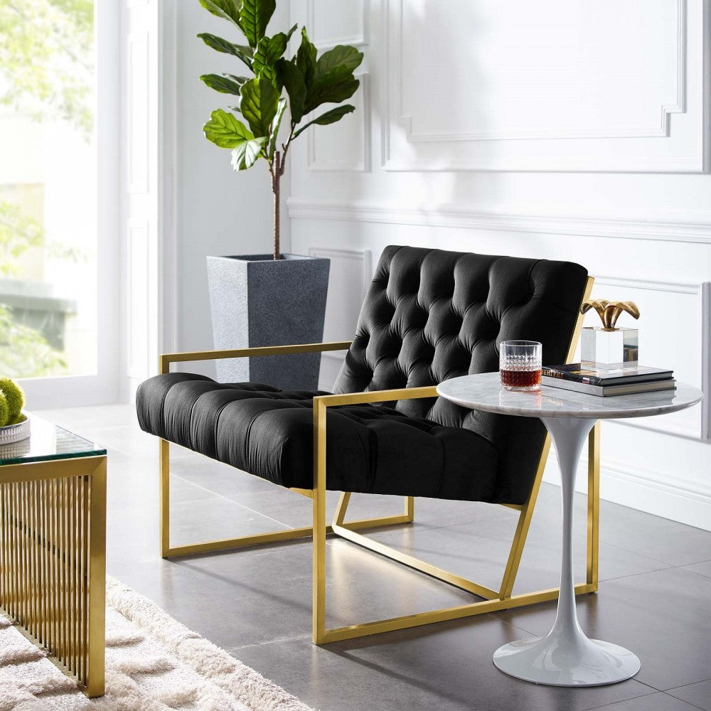 Bequest Gold Stainless Steel Performance Velvet Accent Chair, Black