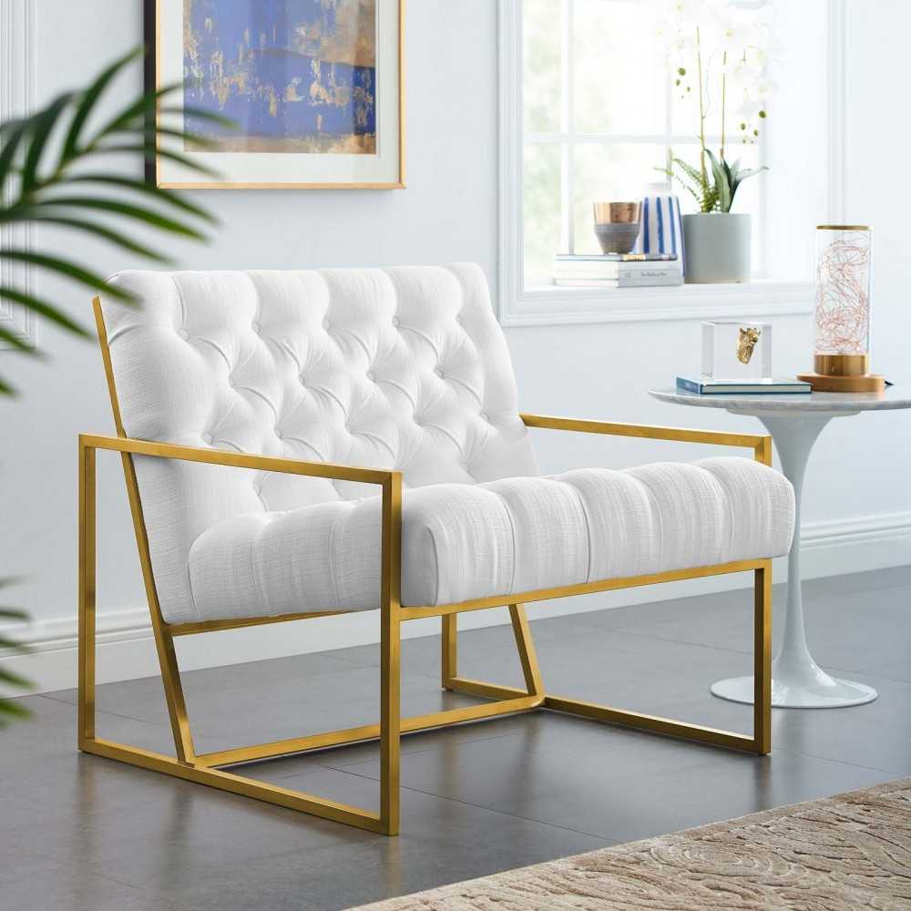 Bequest Gold Stainless Steel Upholstered Fabric Accent Chair, White