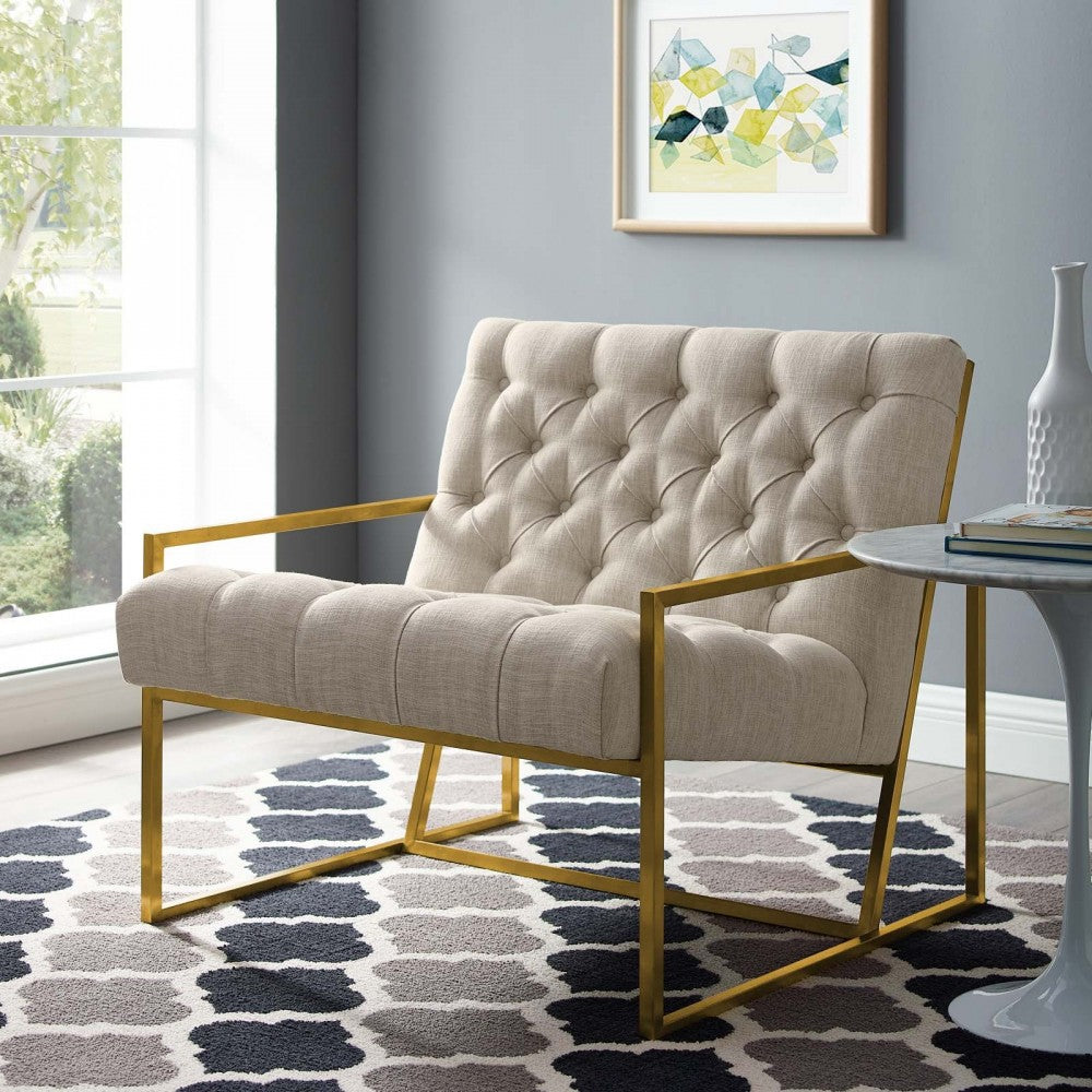 Bequest Gold Stainless Steel Upholstered Fabric Accent Chair, Beige