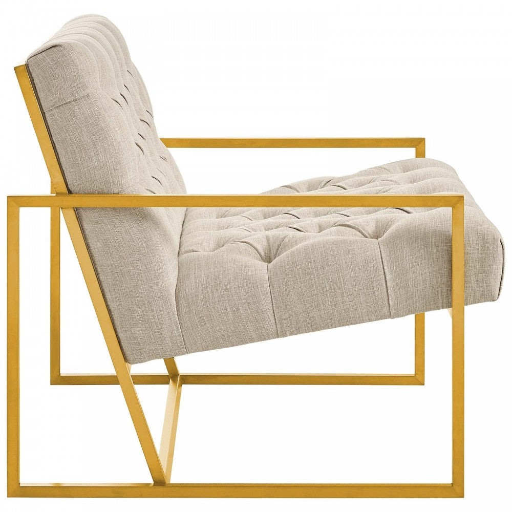 Bequest Gold Stainless Steel Upholstered Fabric Accent Chair, Beige