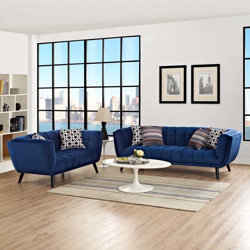 Bestow 2 Piece Performance Velvet Sofa and Loveseat Set, Navy
