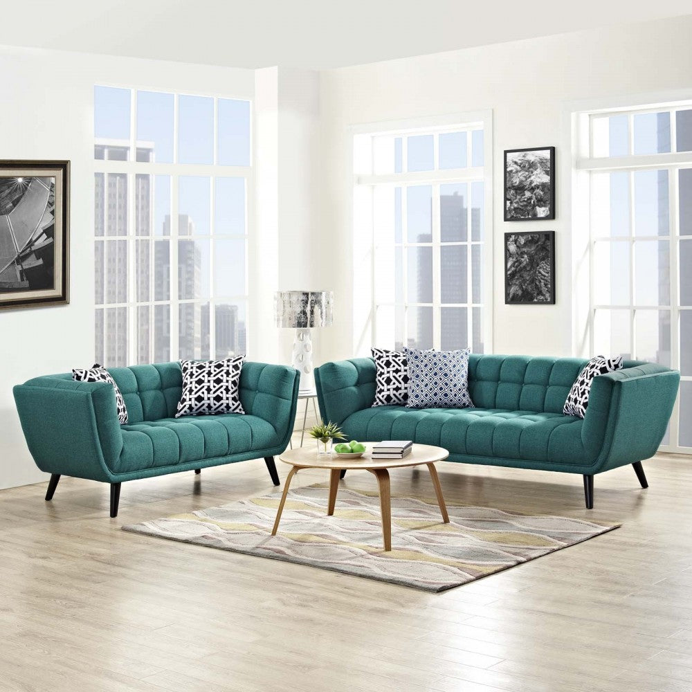 Bestow 2 Piece Upholstered Fabric Sofa and Loveseat Set, Teal