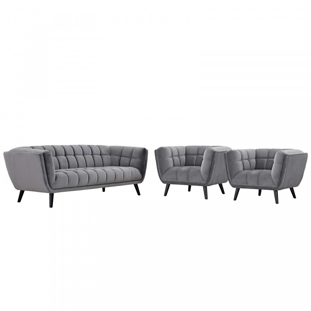 Bestow 3 Piece Performance Velvet Sofa and Armchair Set, Gray