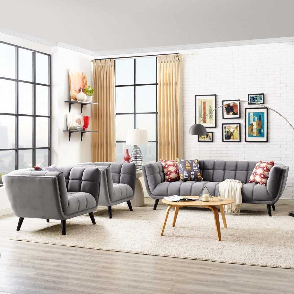 Bestow 3 Piece Performance Velvet Sofa and Armchair Set, Gray