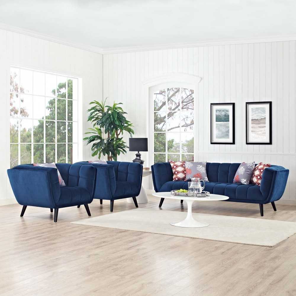Bestow 3 Piece Performance Velvet Sofa and Armchair Set, Navy