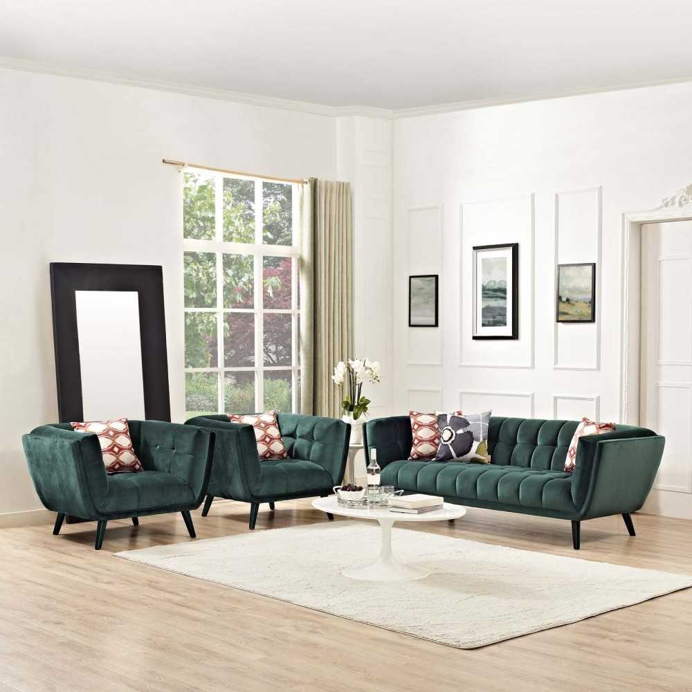 Bestow 3 Piece Performance Velvet Sofa and Armchair Set, Green