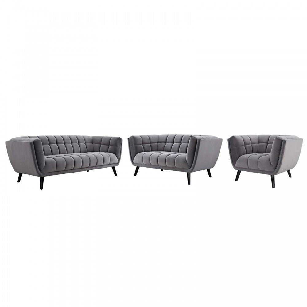 Bestow 3 Piece Performance Velvet Sofa Loveseat and Armchair Set, Gray