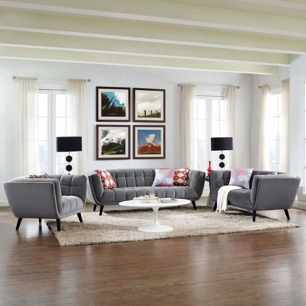 Bestow 3 Piece Performance Velvet Sofa Loveseat and Armchair Set, Gray