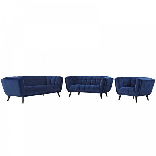 Bestow 3 Piece Performance Velvet Sofa Loveseat and Armchair Set, Navy