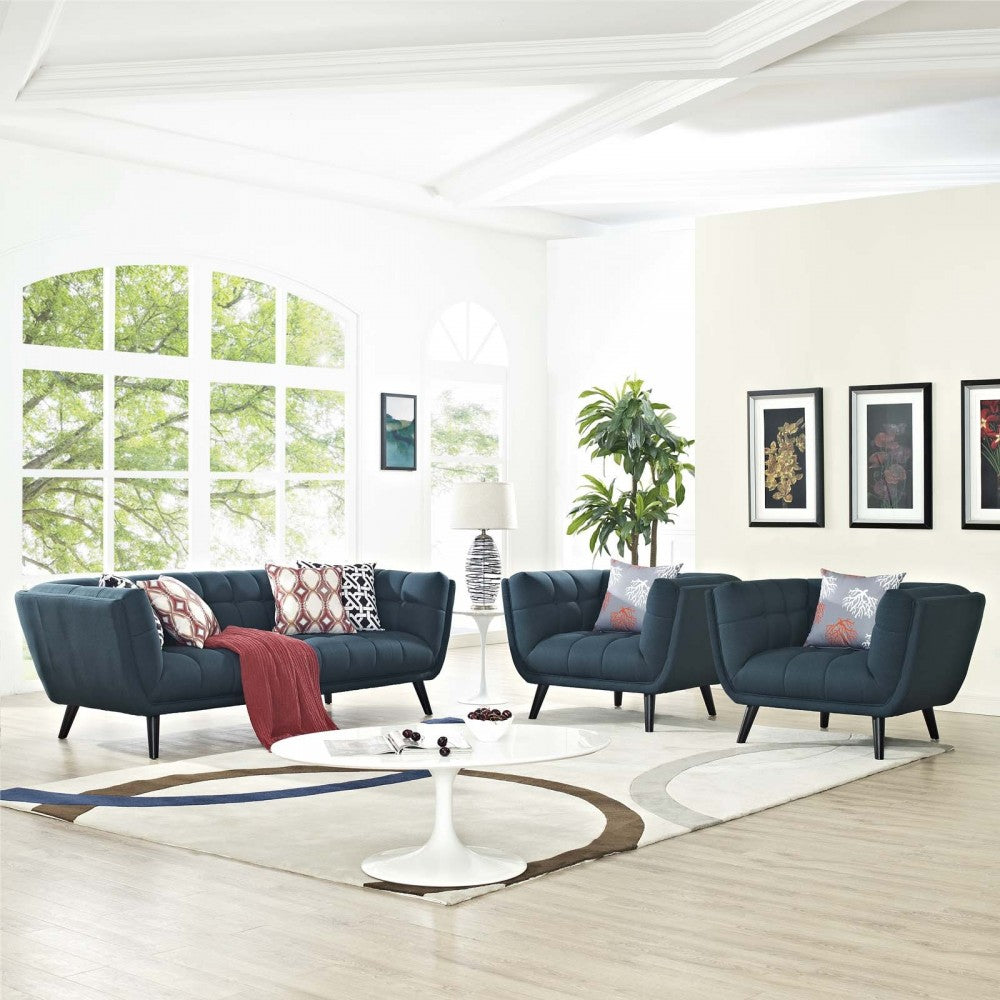 Bestow 3 Piece Upholstered Fabric Sofa and Armchair Set, Blue