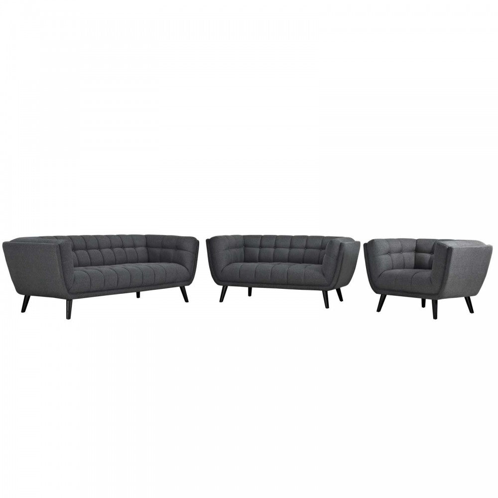 Bestow 3 Piece Upholstered Fabric Sofa Loveseat and Armchair Set, Gray