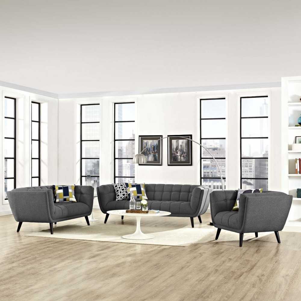 Bestow 3 Piece Upholstered Fabric Sofa Loveseat and Armchair Set, Gray