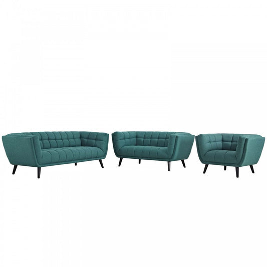 Bestow 3 Piece Upholstered Fabric Sofa Loveseat and Armchair Set, Teal